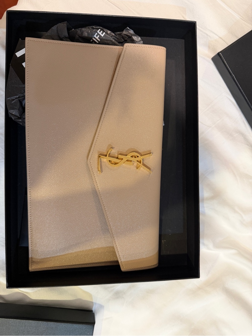 Saint Laurent Beige Leather Envelope Phone Case with Gold YSL Hardware